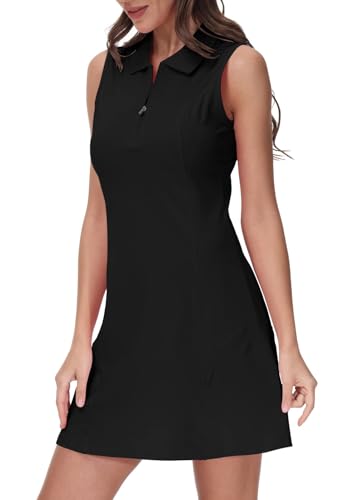 MoFiz Sportkleider Damen Tennis Golf Kleider Ärmellos Sommer Freizeitkleider Baumwolle Polokleid mit Reißverschluss Schwarz L