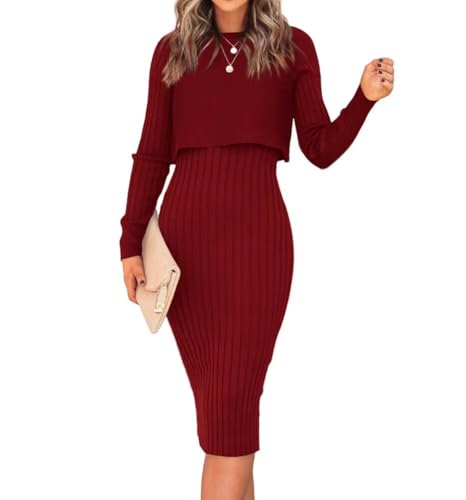 LACOZY Damen Lange Ärmel Pulloverkleider 2-teiliges Set mit bauchfreiem Top und geripptem Strickrock Midikleid 2025, burgunderfarben, XL