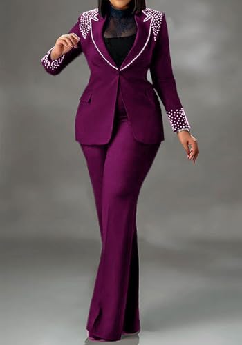 Tcremisa Womens Fashion Pants Suit 2 Piece Business Outfits Pearls Long Sleeve Blazer and Slim Fit Pants Sets3