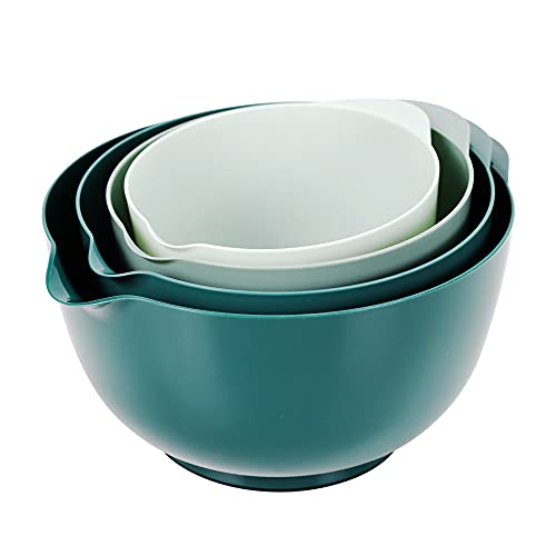 BoxedHome Green Nesting Plastic Mixing Bowl Set with Pour Spout, Microwave and Dishwasher Safe, BPA Free Non-Slip Base, Set of 4 Size 1.7, 2.5, 3.5 and 4.5qt, Great for Prepping, Baking, Cooking