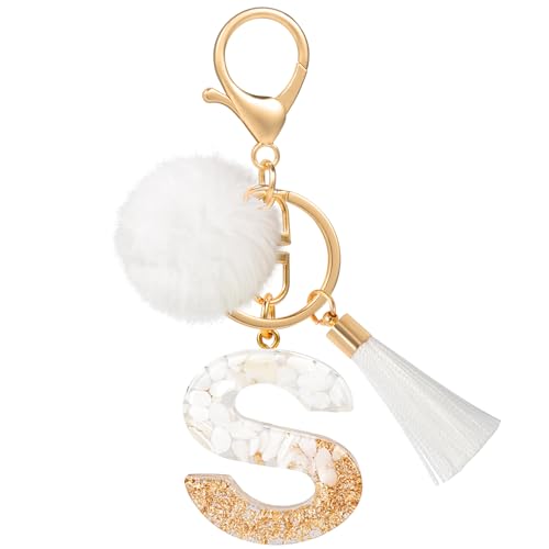 MWOOT Porte Clé Lettre S Peluche Tassel, Initial Keychain Résine Or Blanc Personnalisé Porte Clef Lettre Décoratif Pendentif, Porte Clef Kawaii Voiture Charm, Idee Cadeau D'Anniversaire pour Femme(S)