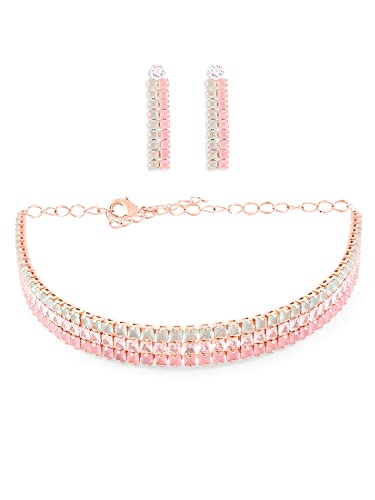 Image of Ami Green and Pink Dazzling Cubic Zirconia Party Bling Necklace and Earring Set For Women-ZPFK19696