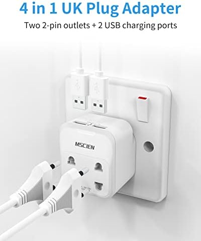 Mscien Shaver Plug Adaptor UK, 2 Pin to 3 Pin Adapter Plug Socket with 2 USB for Bathroom, Electric Toothbrush, Razor, Epilators, EU US to UK Travel Plug Adapter, 13A Fused - White