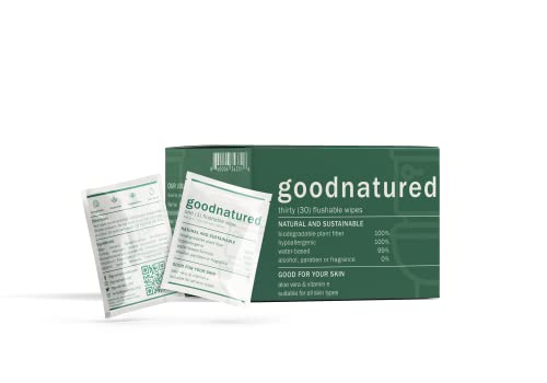 Goodnatured 30 Count Flushable Wipes with Aloe Vera and Vitamin E, Unscented Hypoallergenic Biodegradable Non-Toxic Sustainable Eco-Friendly Alcohol-Free (30 Singles)