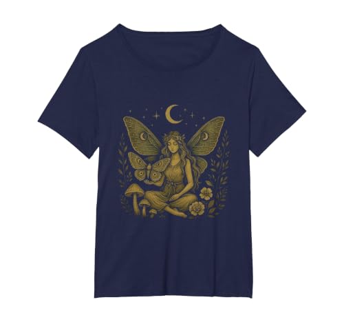 Fairy core Luna Moth Goth Butterfly Moon Fairycore Clothing T-Shirt, Women's Plus, Navy Blue, 2X