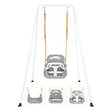 3-in-1 Toddler Swing Set, Indoor & Outdoor Baby Swing Heavy Duty Swing Set with Foldable Metal Stand for Aged 6 Months to 10 Years Old, Easy to Assemble and Store (White)