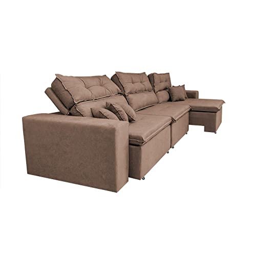 Sofá Cairo 4,12m Retrátil, Reclinável com Molas no Assento e 6 Almofadas Tecido Suede Castor - Cama