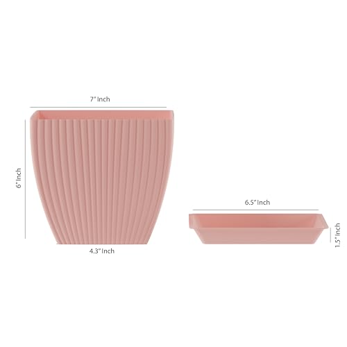 Image of ELUVIA 7-inch Square Planters with Saucers (Set of 5) - Modern Fluted Flower Pots with Drainage Holes and Trays - Premium Plastic Indoor Outdoor Plant Pots for Succulents, Flowers (Pink)