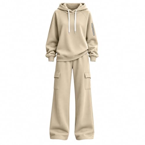 Rtdyvyuhb 2 Piece Sweatsuits For Women Hoodie Wide Leg Pants Sport Outfit Travel Airport Loungewear Elastic Waist Tracksuits Beige Small - image 2