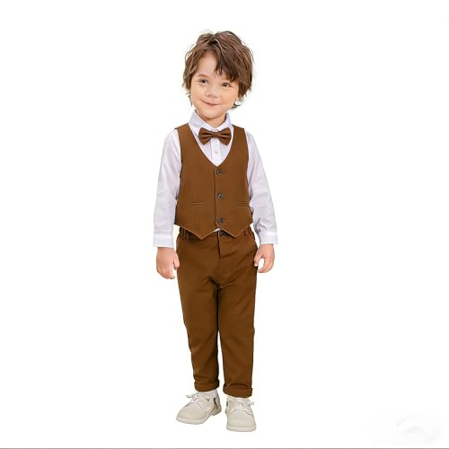 Image of Baby Boys Gentleman Formal Suit Set with Vest, Pant, Shirt, and Bow Tie, Weding 4Pcs Outfit