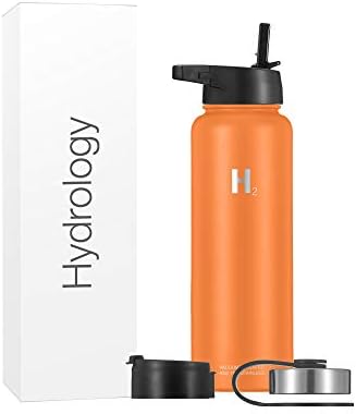 H2 Hydrology Water Bottle - 18 oz, 22 oz, 32 oz, 40 oz, or 64 oz with 3 LIDS Double Wall Vacuum Insulated Stainless Steel Wide Mouth Sports Hot & Cold Thermos (40 oz, Orange)