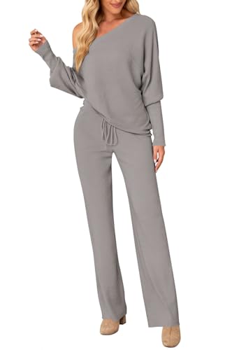 Pink Queen Damen Zweiteiler Homewear set Fledermausärmel Eine Schulter Loungewear Kordelzug Weites Bein Hosen Grau M
