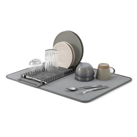 Umbra UDRY Rack and Microfiber Dish Drying Mat-Space-Saving Lightweight Design Folds Up for Easy Storage, 24 x 18 inches, Standard, Charcoal