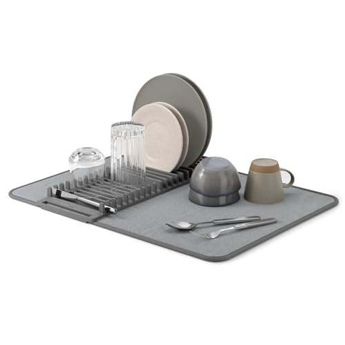 Umbra Udry Dish Rack and Microfiber Drying Mat – Space-Saving Design Folds Up for Easy Storage, Basic Rack, Dark Grey by Umbra - Used condition - CA$11.47