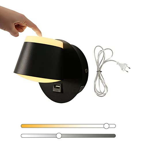 Lámpara de Pared LED con Interruptor Táctil y Puerto USB, Aplique de Pared Dormitorio Luz Regulable de Pared con Cable Enchufe Europeo, 350° Giratorio Iluminación de Pared Interior, Máximo 8W(3W+5W) Cover