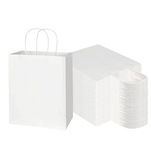 Toovip 100 Pack 8x4.75x10 Inch Medium White Kraft Paper Bags with Handles Bulk Gift Wrap Bags for Favors Grocery Retail Party Birthday Shopping Business Goody Craft Merchandise Take Out Sacks