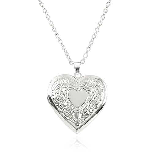 POYAMUSE Heart Locket Necklace for Women, Vintage Brass Locket Pendant - Floral Engraved Design, Heart Shaped Pendant Keepsake Jewelry (Heart-Silver)