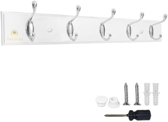 SWEAVEN Coat Hanger Rack 5 Hooks, Clothes Rack Wall Hooks, Coat Hanger Wall Mounted, Clothes Hanger, Coat Rack White Wood Board Silver Hooks.