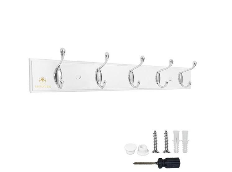 SWEAVEN Coat Hanger Rack 5 Hooks, Clothes Rack Wall Hooks, Coat Hanger Wall Mounted, Clothes Hanger, Coat Rack White Wood Board Silver Hooks.