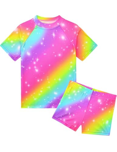 Image of Girls Swimsuit Colorful Short Sleeve Bathing Suits UPF 50+ Rash Guard Set Two Piece Summer Swimwear