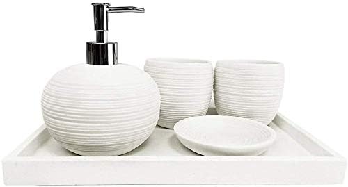 Soap Dispenser Refillable Hand Lotion Dispensers, Soap Bottle Bathroom Accessories Set, 4 Pieces Resin Bath Ensemble White Brushed Sphere Soap Dispenser Pump,Tumbler, Soap Dish Kitchen