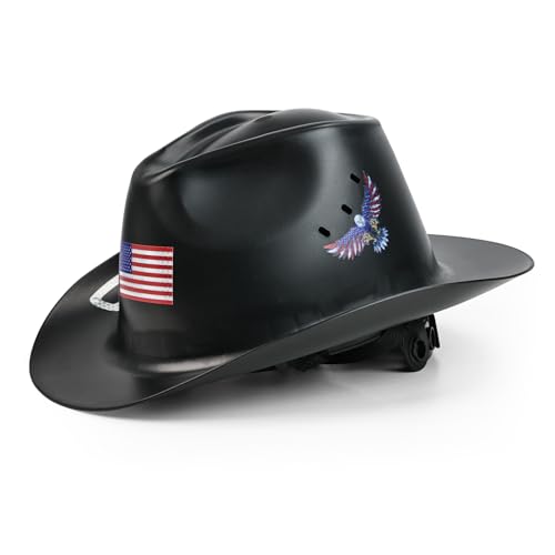 LOHASTOUR Cowboy Hard Hat with Reflective Stickers - Class C Safety Helmet Vented Full Brim Hard Hats Lightweight Western Style Construction Work for Men & Women - ANSI Approved - Black
