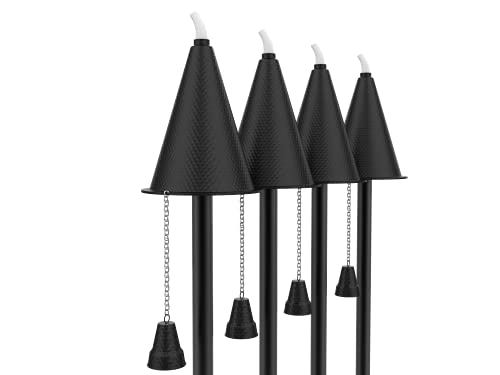 Legends Direct Set of 4, Hawaiian Series Premium Metal Torches Outdoor, 53\" Tall - Tiki Style/w Snuffer, Fiberglass Wick & Large 35oz Oil Lamp Deck Torch for Patio, Outdoor, Lawn (Hammered Black)