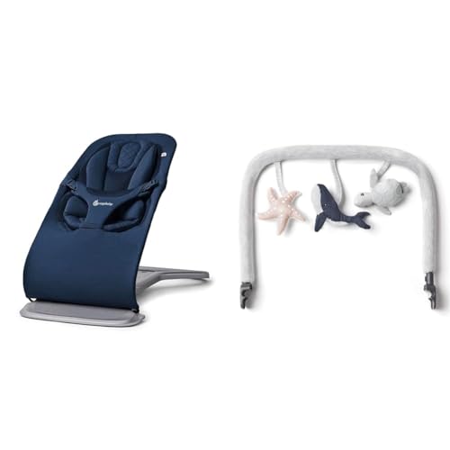Ergobaby Evolve 3-in-1 Bouncer, Adjustable Multi Position Baby Bouncer Seat, Fits Newborn to Toddler, Midnight Blue & Evolve 3-in-1 Bouncer Toy Bar Accessory, Ocean Wonders