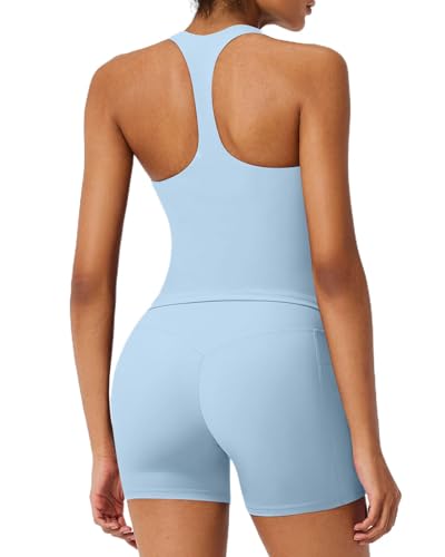 RXRXCOCO Racerback Workout Sets for Women 2 Piece Padded Scoop Neck Tank Tops Hidden Scrunch Booty Shorts with Pockets Light Blue Large