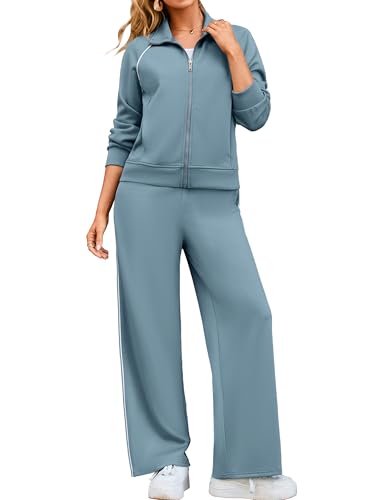 Glamaker Womens 2 Piece Sweat Suits Casual Comfy Long Sleeve Zip Up Wide Leg Pants Travel Sets Tracksuit Fashion Fall Outfits Dusty Blue L