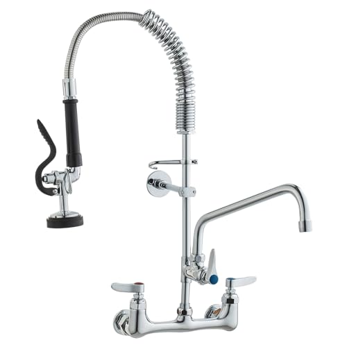 VEVOR Commercial Faucet with Pre-Rinse Sprayer, 25" Height, 8" Center, 12" Swing Spout, Wall Mount Kitchen Sink Faucet, Brass Constructed Device with Pull Down Spray, for 1/2/3 Compartment Sink