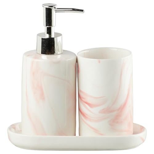 Image of SaSaSa Ceramic Bathroom Set of 3 Modern Bath Accessories Kit with Soap Dispenser, Toothbrush Holder & Dish - Stylish & Elegant Bathroom Decor, White /Pink (7648)