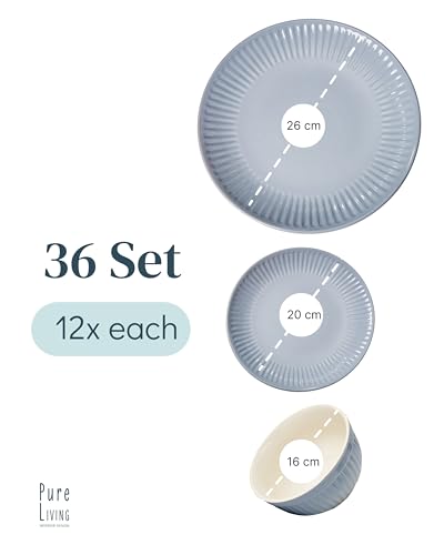 36-Piece Dinnerware Set - Bowl and Plate Set - Stoneware Dining Set for 12 People - Dishwasher and Microwave Safe - Grooved Dining Service in Grey-Blue