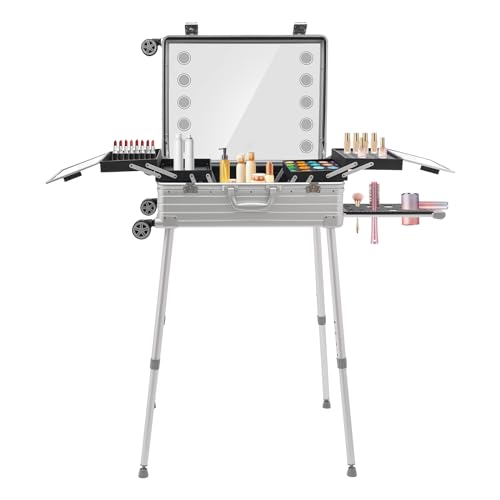 Maletín de maquillaje con ruedas con iluminación y espejo, maletín de maquillaje, con patas ajustables, estación de maquillaje profesional con 4 ruedas universales, plata, moderno