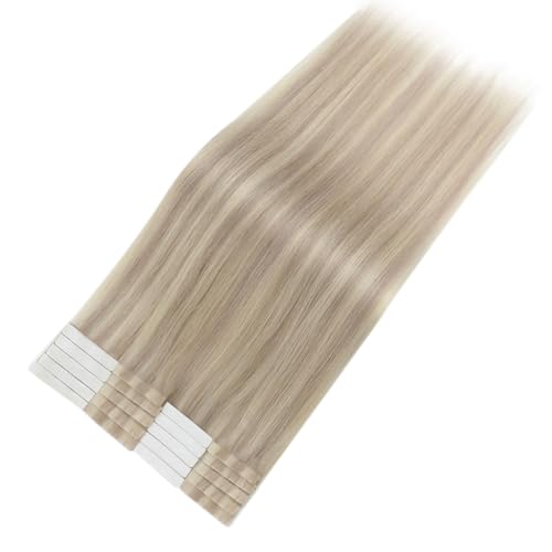Image of LaaVoo Tape in Hair Extensions Human Hair Invisible Seamless Tapes in Ash Blonde with Bleach Blonde Hair Extensions Tape in Human Hair Silky Straight 16 Inch 50g 20Pcs