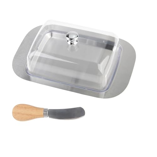 Xmart Beurrier Inox Boite A Beurre avec Couteau à Beurre Beurrier Acier Inoxydable avec Couvercle et Poignée Butter Dish pour Conservation des Fromages Gâteaux Desserts Petits Fruits et Plats Froids