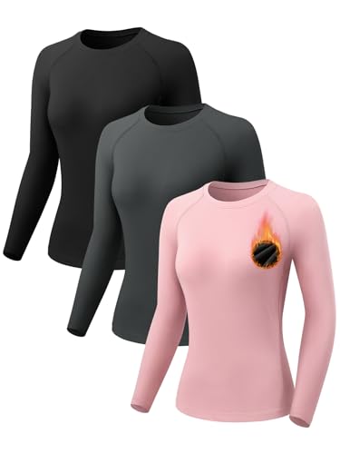 Orrfreer 3 Pack Thermal Base Layer Women Fleece Long Sleeve Compression Shirts Ladies Thermal Tops for Running Ski Hiking Black/Charcoal/Pink XL