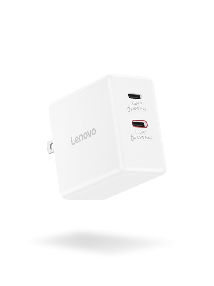 Image of Lenovo Dual USB-C 65W GaN Charger, 2 USB-C Ports, for Laptops /Tablets & Phones & More, Compact Size, Foldable Plug, Includes 1.5m USB C Cable, Model /Type: CC65, White