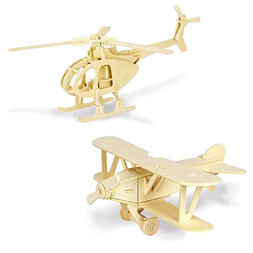 Georgie Porgy 2 Packs of 3D Wooden Puzzles, Biplane Helicopter Models for Kids, Transport Vehicle Craft Toy DIY Projects (Biplane Helicopter)