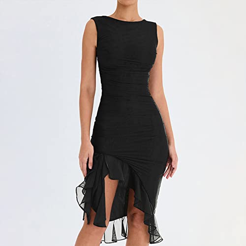 BBIQI Vestido colado ao corpo sem mangas com babados Y2k vestido midi costas nuas, vestido midi de v