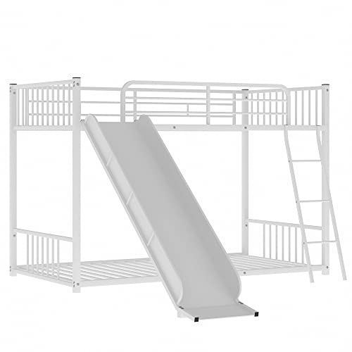 Runwon Twin Over Twin Low Bunk Bed With Slide, Metal Floor Bedframe W/Easy Climp Ladders And Full Length Safety Guard Rails For Kids Bedroom #TOP2