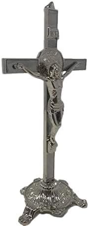 MISANTUARIO 11" Cruz De San Benito con Base Color Plata, San Benito Crucifijo Metal#19968 MISANTUARIO 11" Cruz De San Benito con Base Color Plata, San Benito Crucifijo Metal#19968