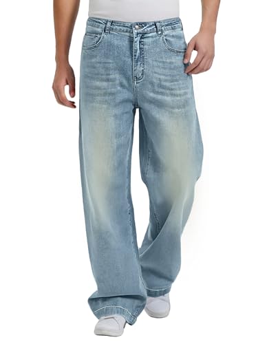 Image of FEDTOSING Men's Baggy Jeans Wide Leg Skater Hip Hop Stretch Denim Trousers Y2K Vintage Relaxed Fit Oversize Streetwear Light Blue