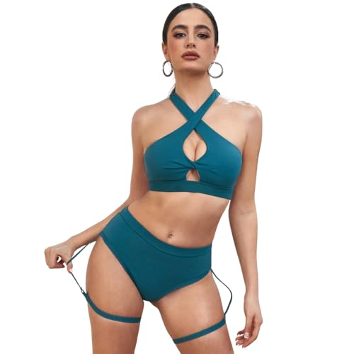 Rand Pole Dance Outfit Mujer – Conjunto Ropa Pole Dance Verde Esmeralda con Short con Ligas y Top Halter sin Aros, Ropa para Show o Entrenamiento (M)