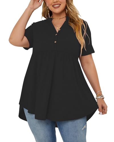 PLOKNRD Women's Plus Size Tops Short Sleeve Henley V Neck Bu