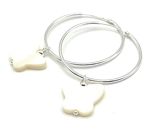 Créoles Papillons en Nacre Blanche pour Style Boho au Quotidien | Boucles d'Oreilles 30mm