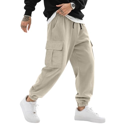 August Alley Mens Cargo Pants Corduroy Joggers Casual Baggy Street Y2k Pants Drawstring Tapered Sweatpants with Pockets(Apricot,Medium)
