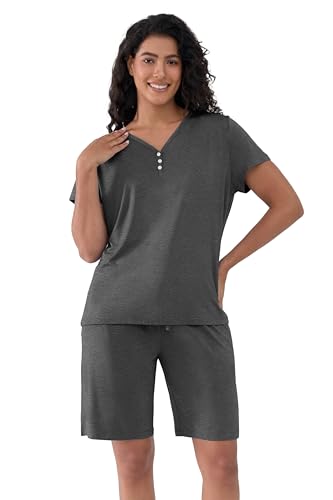 Image of Joyaria Cooling Pajamas Bamboo Viscose PJs Bermuda Shorts Set Women Henley Neck Summer Moisture Wicking Sleepwear