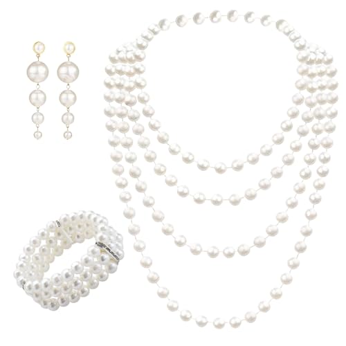 GifBasg Luxueux Ensemble de Bijoux en Perles Années 1920, Boucles d’oreilles Élégantes, Bracelet Raffiné, Long Collier Moderne pour Fêtes Thématiques, Mariages, et Soirées Vintage Glamour