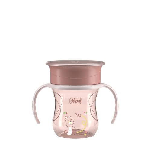 Chicco Vaso Infantil Perfect, Vaso Antiderrame para niños 200 ml, 1 Biberón 12+ Meses para Aprender a Beber, con Membrana de Silicona 360° y Asas Extraíbles, 0% BPA, Rosa